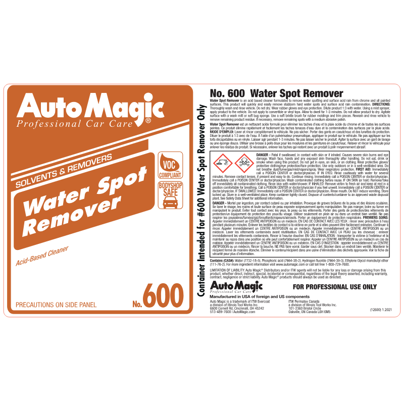 Water Spot Remover Secondary Safety Label #12600